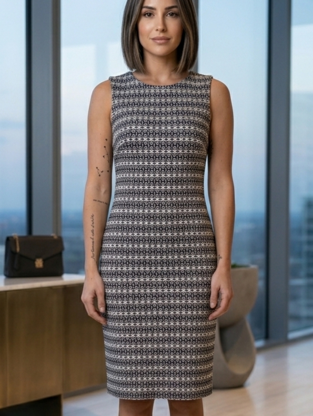 Mario Serrani🖤Black&White Patterned Sleeveless Sheath Dress with Stretch Sz 8